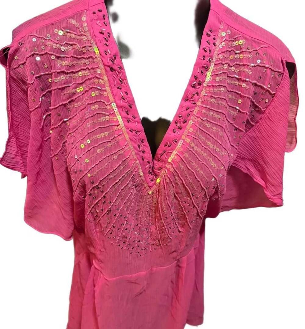 H&M Pink Beaded Sequins V-Neck Sheer Tunic Cover-Up Blouse